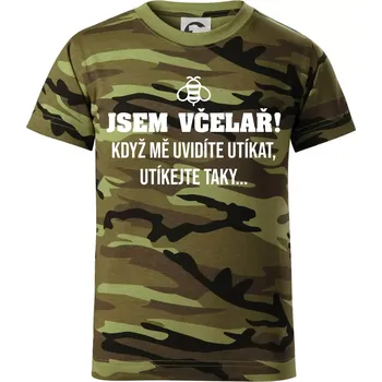 Jsem včelař, utíkejte taky - Dětské maskáčové triko - 122 cm/6 let ( Zelený maskáč )