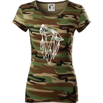 Dámské tričko Geometrie - vlk - vyjící - Dámské maskáčové triko - XS ( Hnědý maskáč )