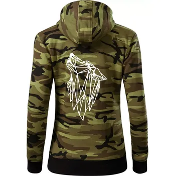 Dámská mikina Geometrie - vlk - vyjící - Dámská mikina trendy zipper s kapucí - S ( Zelený maskáč )