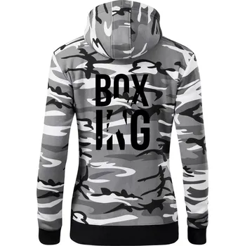Dámská mikina Nápis Boxing - Dámská mikina trendy zipper s kapucí - XS ( Šedý maskáč )