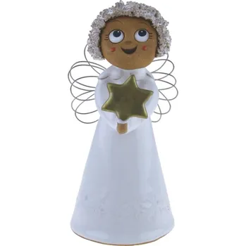Vánoční dekorace Anděl s drátěnými křídly s hvězdičkou 15 cm (Keramický zvonek ve tvaru anděla)