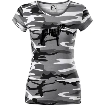 Dámské tričko Vlkodav nápis v těle - Dámské maskáčové triko - L ( Šedý maskáč )