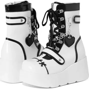 Dámské kozačky kotníkové boty na platformě s tkaničkami a srdíčky Barva: Bílá, Velikost: 43