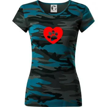Tlapka v srdci - Dámské maskáčové triko - S ( Petrolejová maskáč )