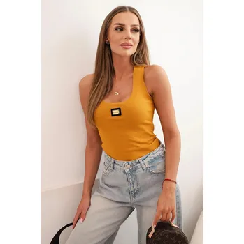 Dámská pruhovaná top na ramínkách s ozdobnou nášivkou hořčicová UNI