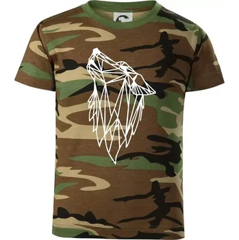 Chlapecké tričko Geometrie - vlk - vyjící - Dětské maskáčové triko - 146 cm/10 let ( Hnědý maskáč )