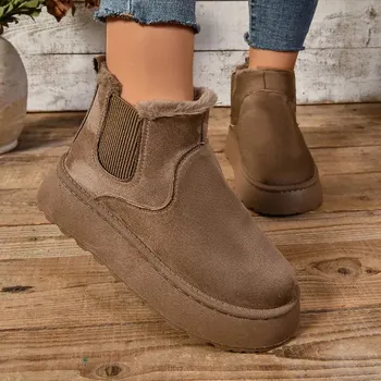 Dámské kozačky Zateplené dámské kotníkové boty s kožíškem – styl Chelsea Barva: Hnědá, Velikost: 44