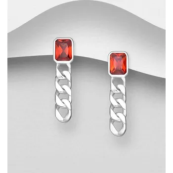 Náušnice Stříbrné náušnice s řetízkem a zapínáním na zadní stranu, zdobené červeným kamenem
