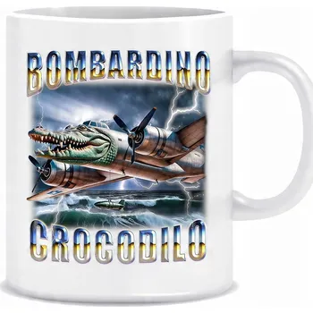 Bílý hrnek o objemu 330 ml s potiskem potiskem italského krokodýla Brain Rot Bombardilo.