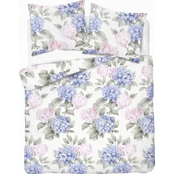 Povlečení Povlečení saténové 220x200 bílé s modro-růžovými hortenziemi - Satin Stories
