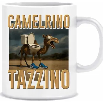 Bílý hrnek o objemu 330 ml s potiskem potiskem italského Brain Rot Camelrino Tazzino