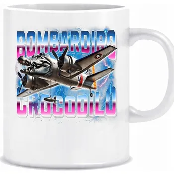 Bílý hrnek o objemu 330 ml s potiskem potiskem italského krokodýla Brain Rot Bombardilo.