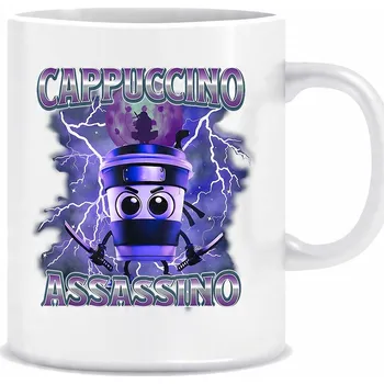 Bílý hrnek 330 ml s potiskem Italian Brain Rot Cappuccino Assasino Modrý