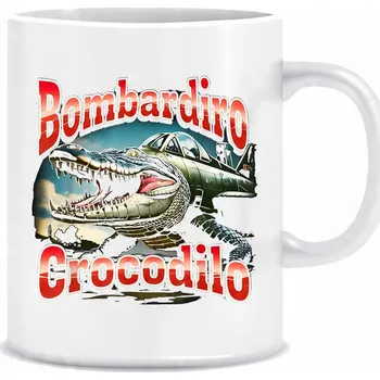 Bílý hrnek o objemu 330 ml s potiskem potiskem italského krokodýla Brain Rot Bombardilo.