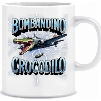 Bílý hrnek o objemu 330 ml s potiskem potiskem italského krokodýla Brain Rot Bombandino.