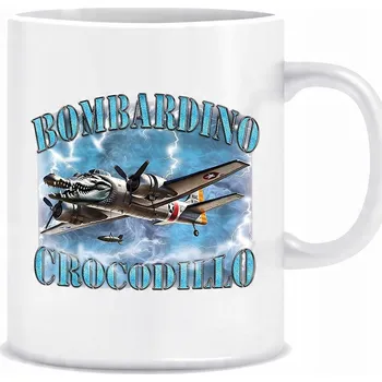 Bílý hrnek o objemu 330 ml s potiskem potiskem italského krokodýla Brain Rot Bombardilo.