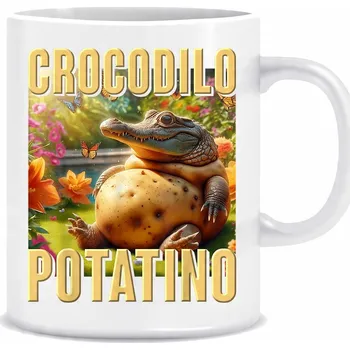 Bílý hrnek o objemu 330 ml s potiskem potiskem italského Brain Rot Crocodilo Potatino.