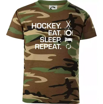 Pozemní hokej eat sleep repeat - Dětské maskáčové triko - 146 cm/10 let ( Hnědý maskáč )