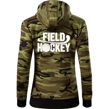 Dámská mikina Field hockey míček a nápis - Dámská mikina trendy zipper s kapucí - XS ( Zelený maskáč )