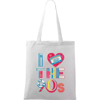 Nákupní taška I love 90s - srdce a kazeta - Taška bavlněná - 42 x 38 cm ( Bílá )