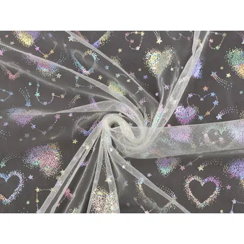 Tyl s AB hologramem srdce krémová světlá 1 m