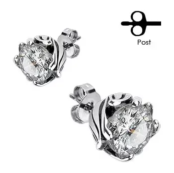 Náušnice Náušnice z chirurgické oceli - kulatý čirý zirkon, ozdobně tvarovaný kotlík