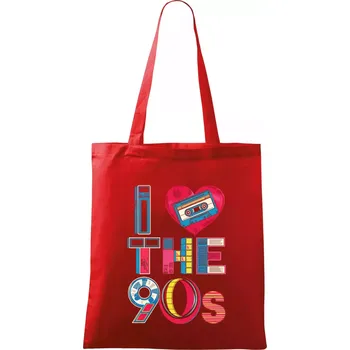 Nákupní taška I love 90s - srdce a kazeta - Taška bavlněná - 42 x 38 cm ( Červená )