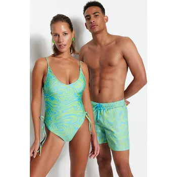 Dámské plavky Trendyol Abstraktní vzorované tunelové plavky s výstřihem do V Trendyol modrá | světle modrá | světle zelená 2278865