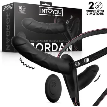 Připínací penis InToYou Jordan Double Vibrating Dildo Strap-on with Remote Black