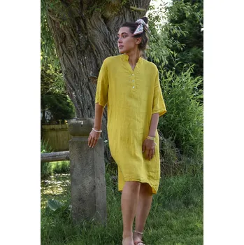 Dámské šaty HOŘČICOVĚ ŽLUTÉ LNĚNÉ KOŠILOVÉ ŠATY PECA del SOL