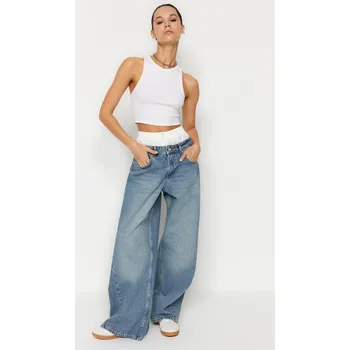 Dámské džíny Trendyol modré džíny s nízkým pasem, širokými nohavicemi a ozdobným prošíváním. Trendyol modrá 2660673