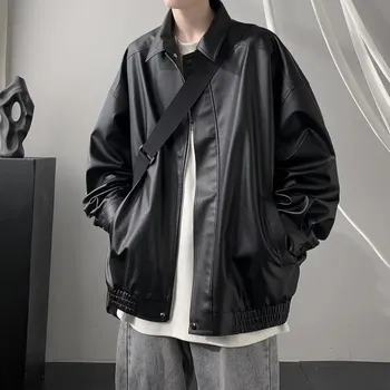 Moto bunda Pánská podzimní bunda z umělé kůže, volný střih Barva: Černá, Velikost: XL