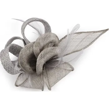 Klobouk Fascinátor / brož květ s peřím šedá 1 ks