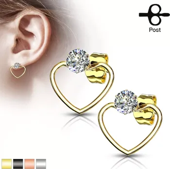 Náušnice Náušnice z chirurgické oceli - obrys srdce se vsazeným zirkonem, puzetky - Barva: Měděná