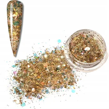 Opalizující třpytky ve vločkách na nehty Zrcadlo efekt mušle – Zlaté