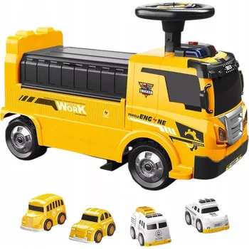 Odrážedlo Odrážedlo 2v1 stavební vozidlo + 4 autíčka skládací parkoviště jeřáb zvuk