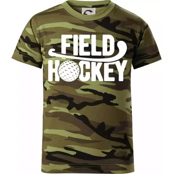 Field hockey míček a nápis - Dětské maskáčové triko - 134 cm/8 let ( Zelený maskáč )