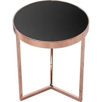 Konferenční stolek Art deco kulatý měděný kovový příruční stolek Lava s černou lesklou skleněnou deskou a tříramennou podstavou 50 cm