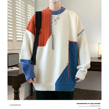 Pánský svetr Pánský pletený svetr s kulatým výstřihem a barevnými bloky Barva: Modrá, Velikost: L