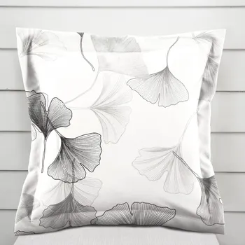 Povlak na dekorativní polštářek Bavlněný povlak na polštář s lemem Sandra SA-512 Šedo-bílé ginkgo listy na bílém 40 x 40 cm