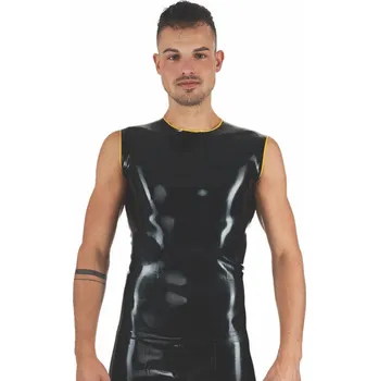 Pánské erotické prádlo Gumové tílko Mister B Rubber Sleeveless T-Shirt černo-žluté M, černé latexové tričko bez rukávů se žlutými lemy