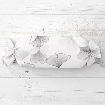 Dekorativní polštářek Polštář válec bonbon Sandra SA-512 Šedo-bílé ginkgo listy na bílém 15x40 cm