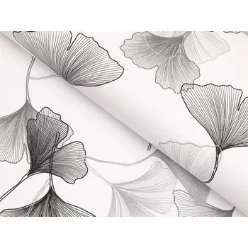 Bavlněná látka/plátno Sandra SA-512 Šedo-bílé ginkgo listy na bílém - šířka 145 cm
