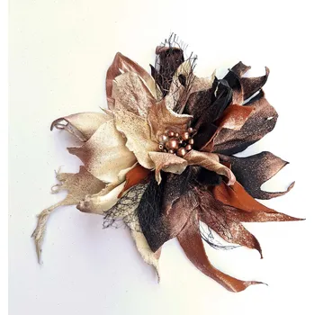 Brož Velká květinová brož, černohnědá kůže s bronzovým efektem