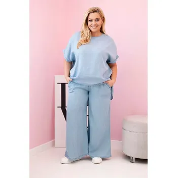 Dámská souprava Plus Size z tencelu halenka a kalhoty s vázáním světle džínový UNI