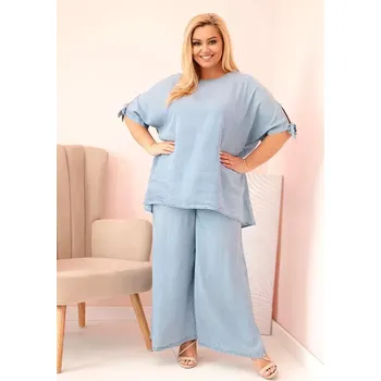 Dámská souprava Plus Size z tencelu, halenka s vázáním a široké kalhoty světlý džínový UNI