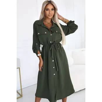 Dámská košile 531-5 Midi košilka se zlatými knoflíky a vázáním - KHAKI UNI