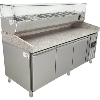 DASgastro Chladící stůl na pizzu - 2015 x 800 mm - se 3 dvířky a saladetou 10 x GN 1/4