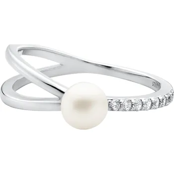 Prsten ANNA PERLY Módní prsten z rhodiovaného stříbra s pravou bílou sladkovodní perlou a perleťovými zirkony Velikost prstenu: 59, Barva perly: bílá