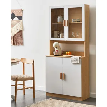 Kuchyňská skříňka Dekorativní skříňka bílá MDF dřevovláknitá deska s úložným prostorem a skleněnou vitrínou do jídelny kuchyně Beliani